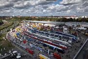 An aerial view of rolling stock on display at InnoTrans
