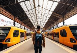 Rear view of a man with backpack walking between train on train station