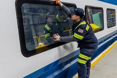 Alstom employee working on Amtrak NextGen Acela in Hornell compressed