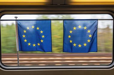 Two European flags hanging in a train window