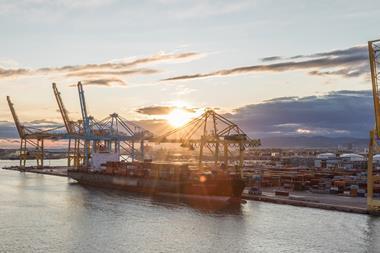 Aerial,Sunset,View,Of,The,Sea,Cargo,Port,And,Container
