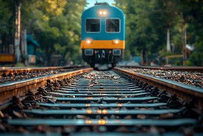 A freight train front on perspective as it moves down the track