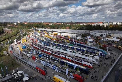 An aerial view of rolling stock on display at InnoTrans