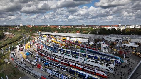 An aerial view of rolling stock on display at InnoTrans