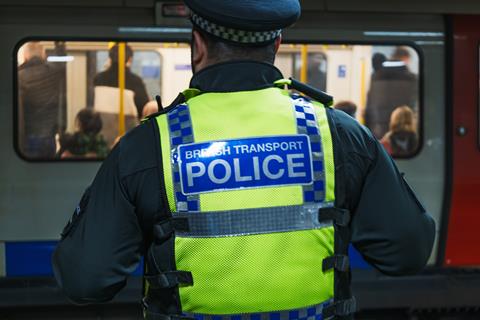 British,Transport,Police,Officer,Patrols,London,Underground,Platform,,Ensuring,Commuter