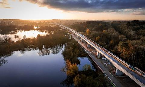 Aerial view of HS2's Colne Valley Viaduct at sunset 6