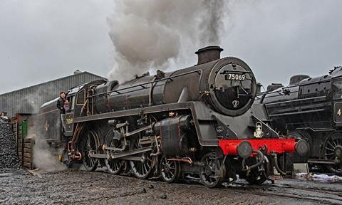 Driver Mick Matthews whistles up with fireman Alex Robinson standing, as 75069 is prepared for the SVR's Santa services in December. JOHN TITLOW