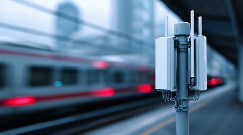 A 5G mast on the edge of the rail line as a train passes through at high speed