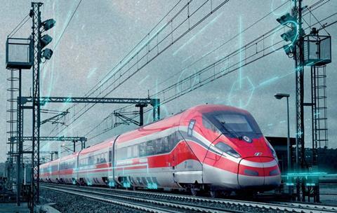 A red and silver train with a digitisation effect
