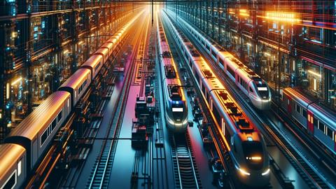 Many,Modern,Trains,,Railways,,Digital,Twins,,,Bright,Radiant,Colors,