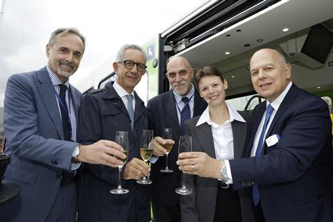 Executives from Stadler, ARST, FdC and FCE celebrate the hydrogen train launch at InnoTrans 2026