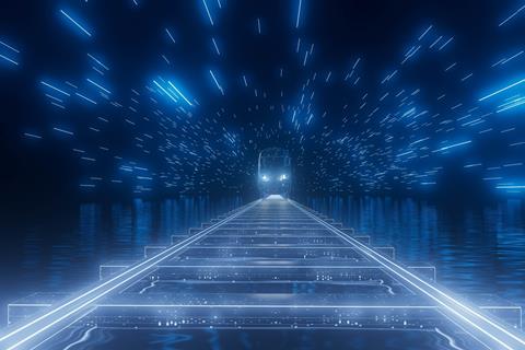 A,Train,Is,Traveling,Down,A,Track.,The,Train,Is